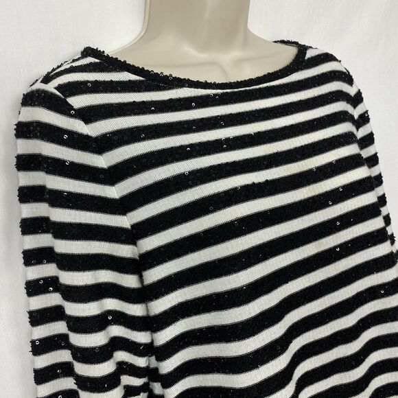 Talbots Sweater Womens Large Sequin Striped Black White Scoop Neck Top Holiday - Picture 5 of 8